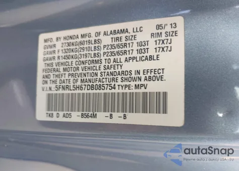 2013 Honda Odyssey Ex-L from USA, damaged, VIN 5FNRL5H67DB085754
